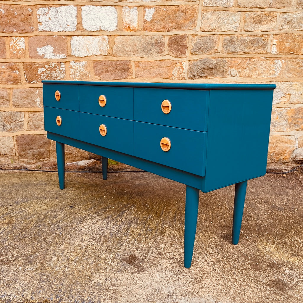 Restored Mid-Century Blue Sideboard – 6 Drawer Dresser