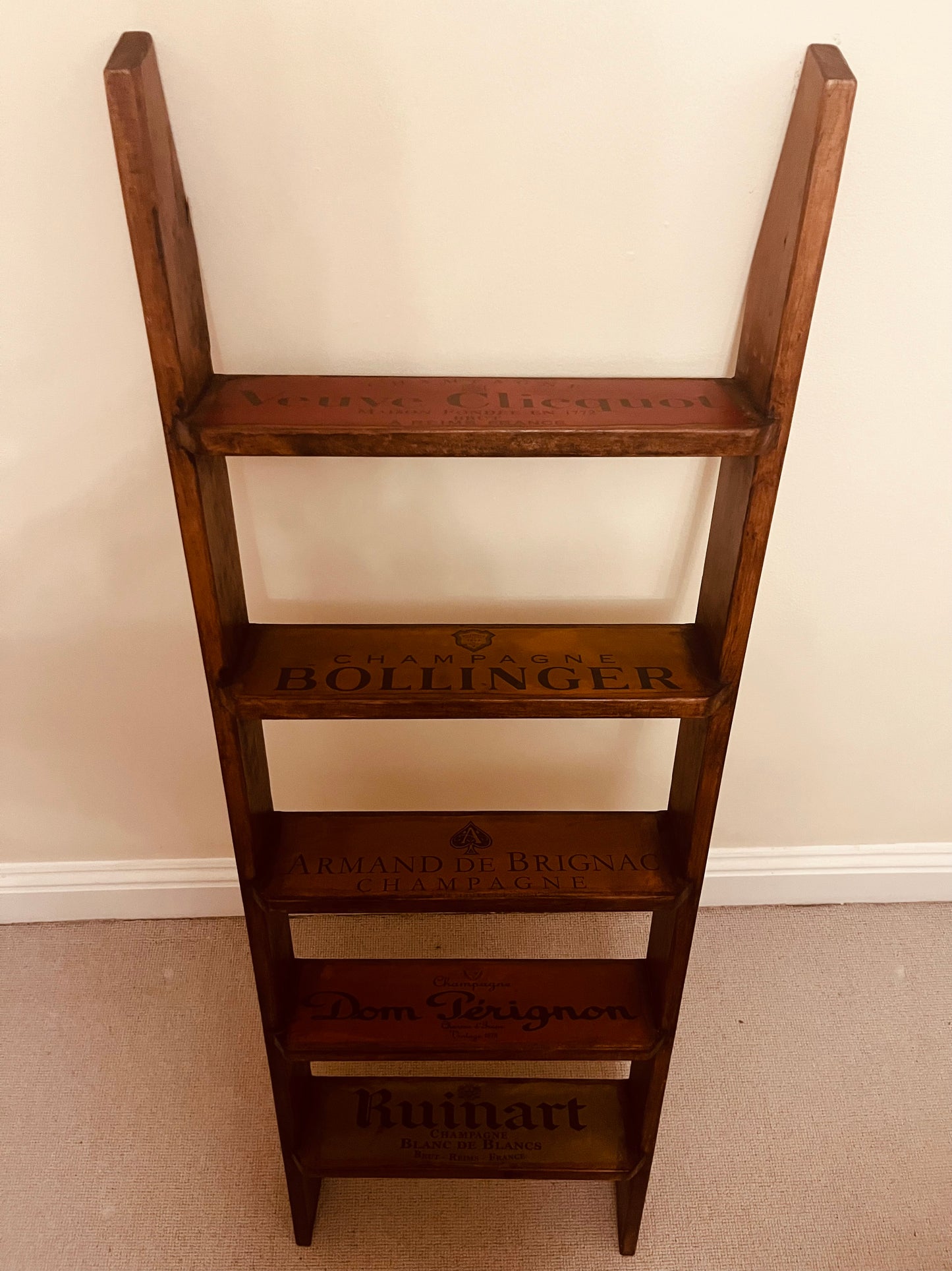 Extremely Rare Champagne Crate Ladder Shelf – Handcrafted Wooden Display with Veuve Clicquot, Dom Pérignon, Bollinger, Armand de Brignac & Ruinart Branding