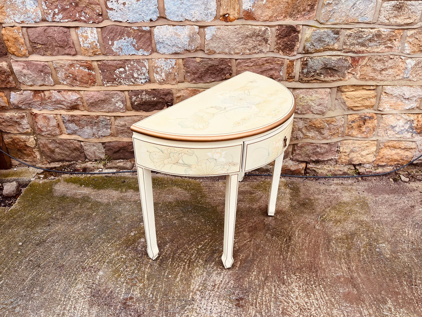Chinese Lacquer Demi Lune Console Table – Hand Painted Cream Oriental Hall Table