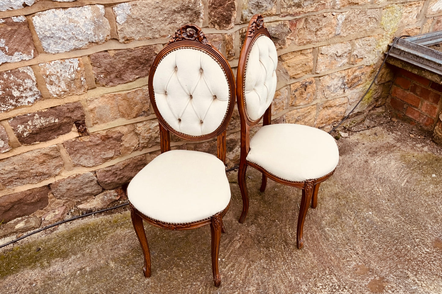 Pair of Louis XVI Style Oval Back Chairs | Carved Wood & Button Tufted Upholstery | Vintage French Style Seating