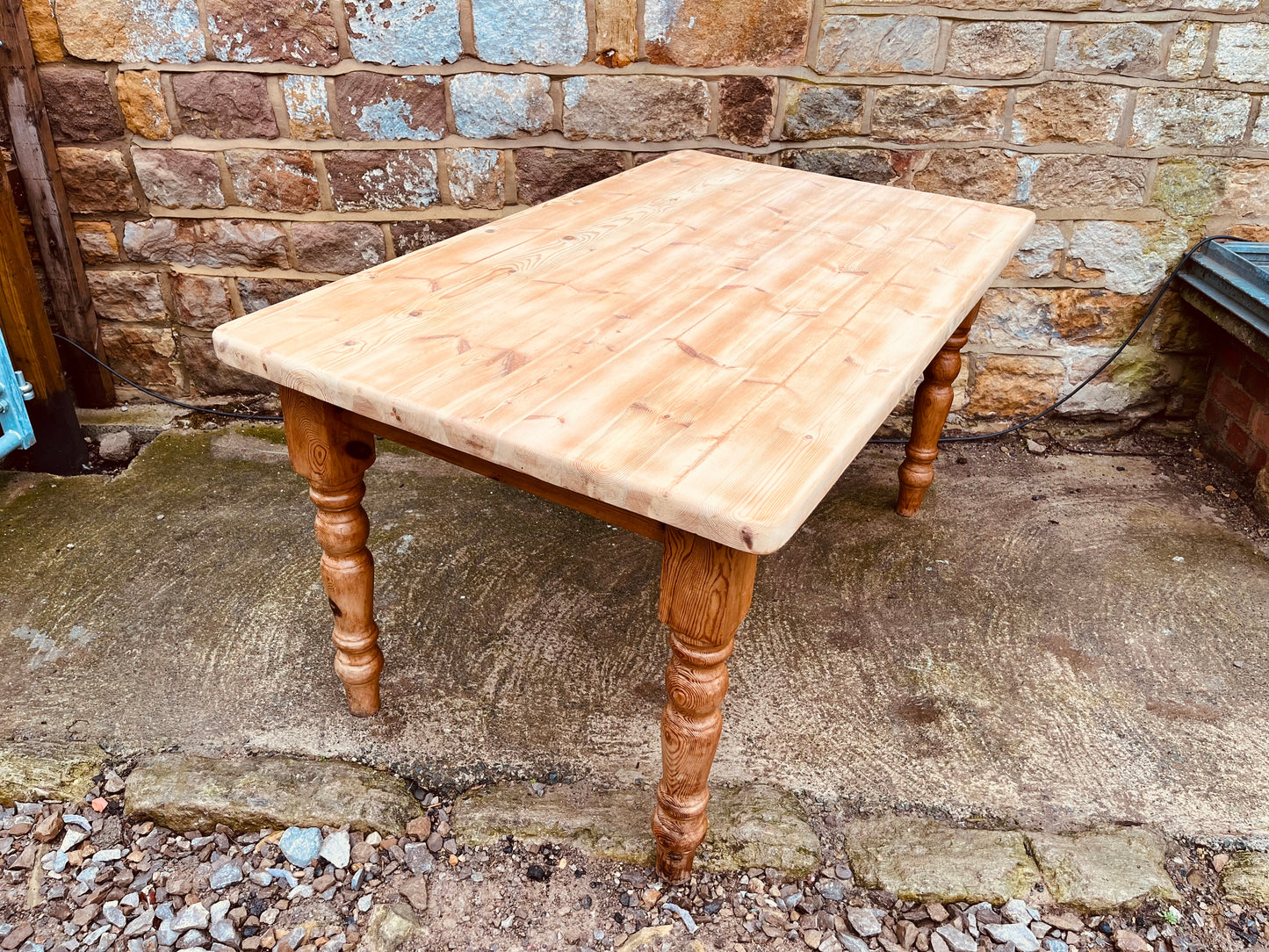 Rustic Solid Pine Farmhouse Dining Table with Natural Sanded Top and Turned Legs