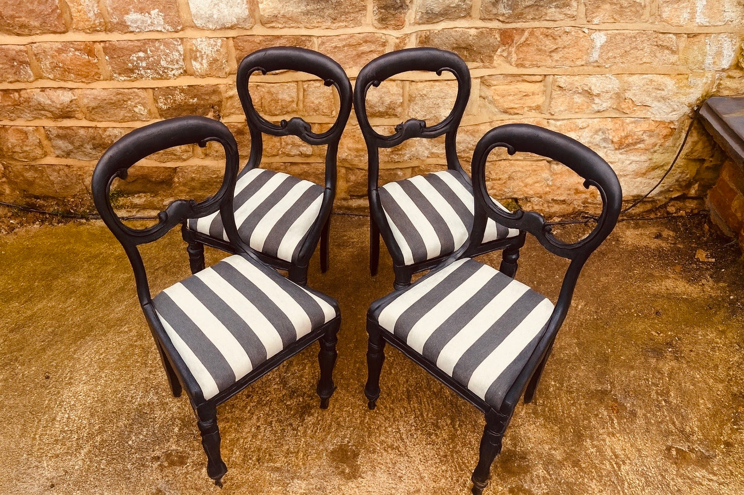 Vintage Balloon Back Dining Chairs (Set of 4) – Black & Monochrome Stripe