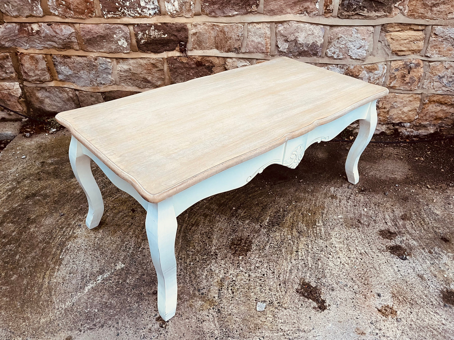 Rare French Farmhouse Coffee Table – Hand-Finished with Limed Wood Top