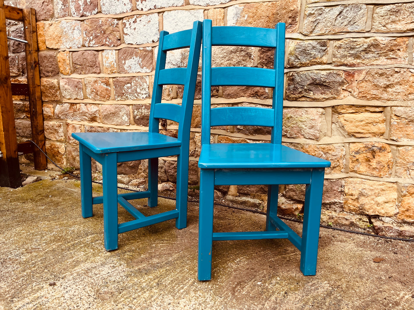 Handmade Teal Painted Wooden Chairs (Pair) – Rustic Farmhouse Ladder Back Seating