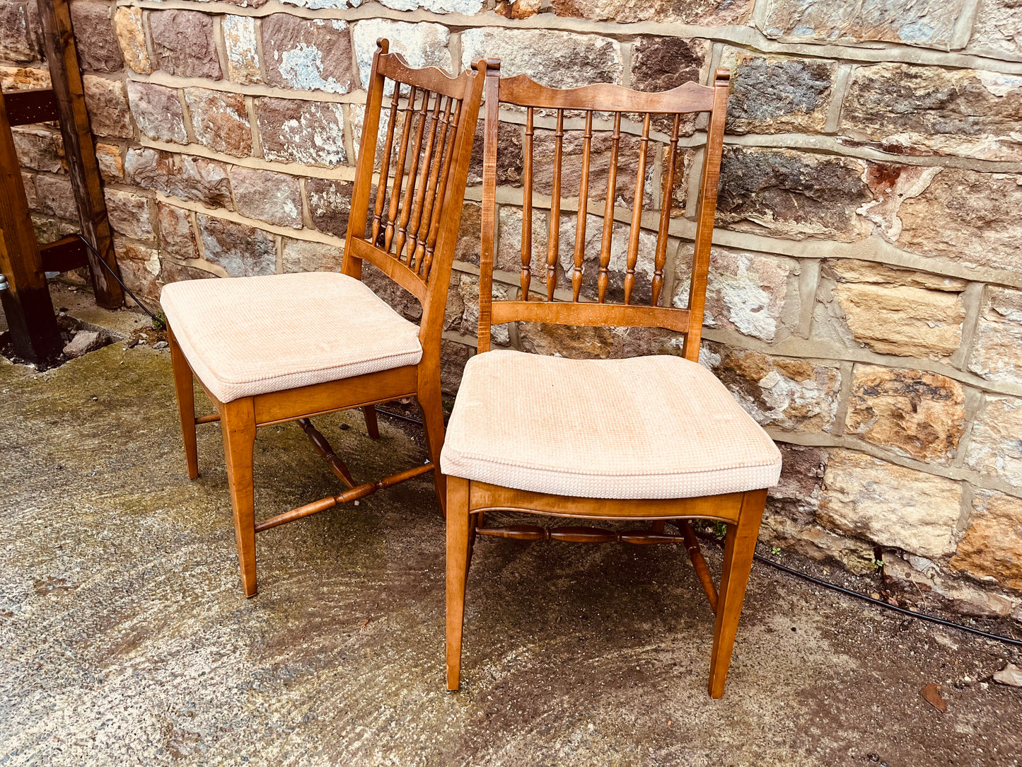 Pair of Vintage Spindle-Back Dining Chairs – Upholstered Seats – Solid Wood Farmhouse Style
