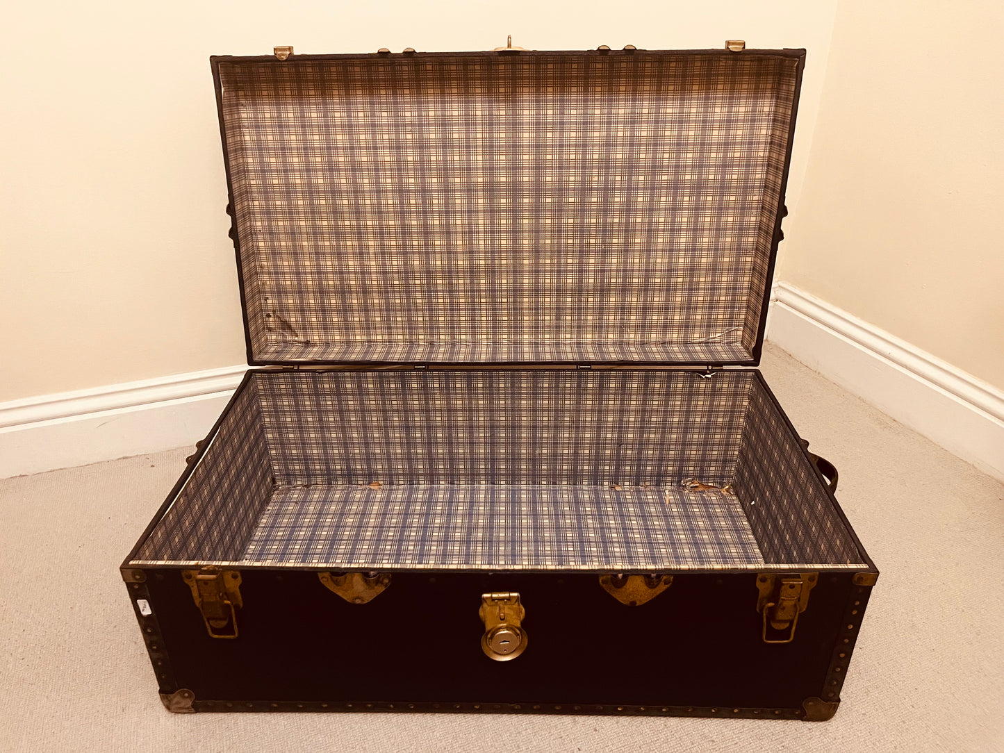 Pair of Vintage Travel Trunks – Tan Leather & Black Metal Storage Chests – Retro Luggage by The Proudlove Studio