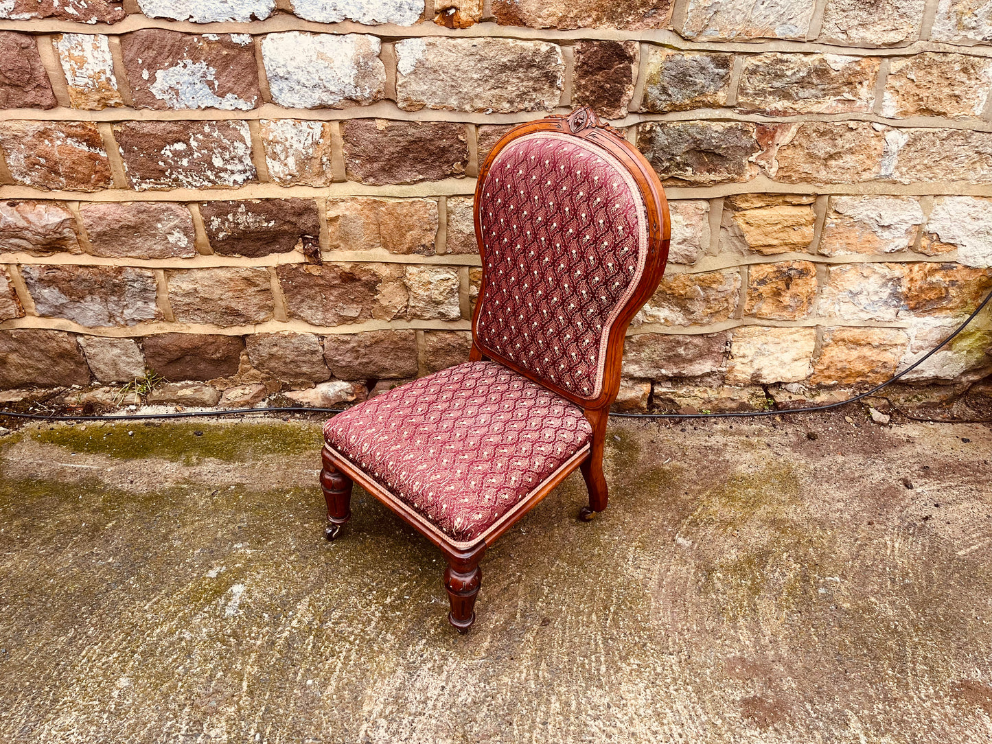 Antique Victorian Walnut Nursing Chair c.1880–1900 – Upholstered Balloon Back Slipper Chair with Castors