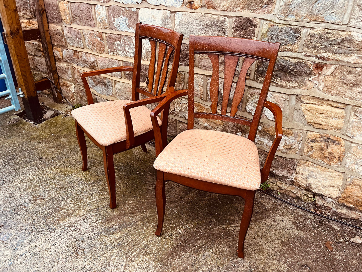 Pair of Vintage Dining Armchairs – Upholstered Farmhouse Chairs – Solid Wood