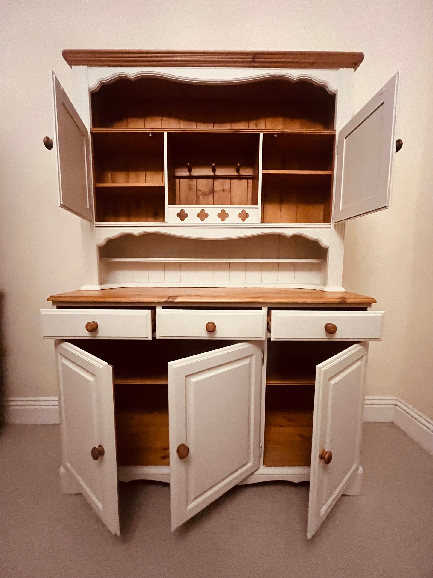 Hand-Painted Solid Pine Welsh Dresser – Cream Base with Waxed Pine Top | Farmhouse Kitchen Hutch by The Proudlove Studio