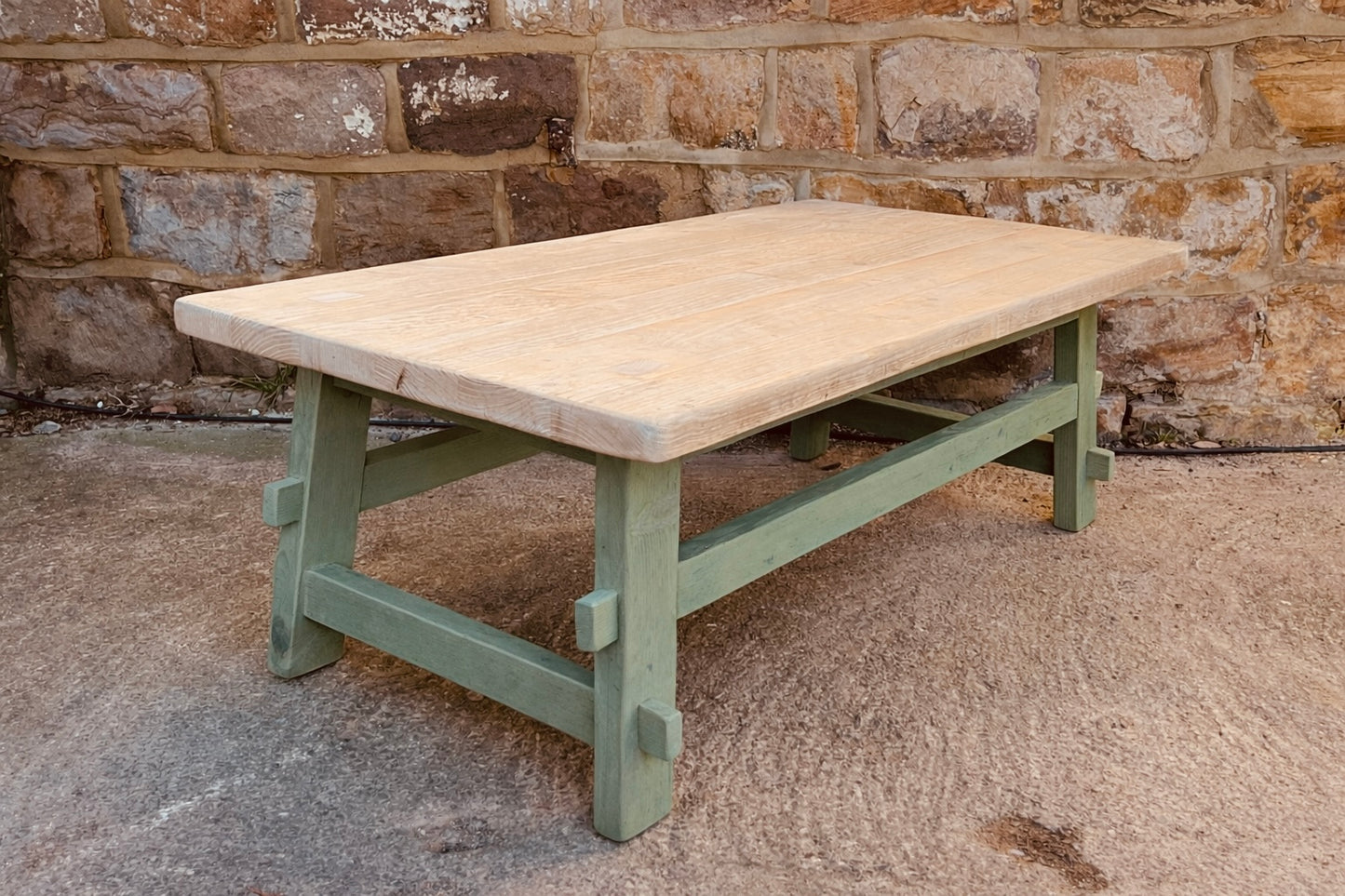 Handcrafted Solid Wood Farmhouse Coffee Table – Natural Top & Heritage Green Base