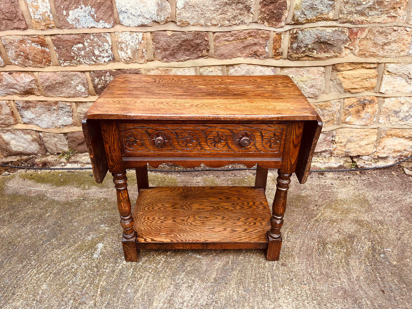 Vintage Solid Oak Drop-Leaf Side Table with Carved Detail & Lower Shelf