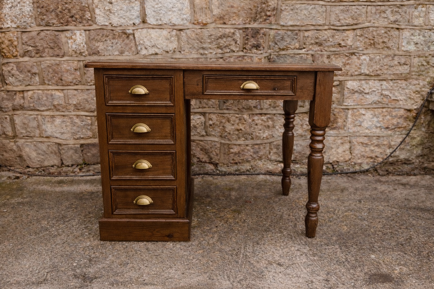 Solid Pine Writing Desk with Drawers and Brass Handles