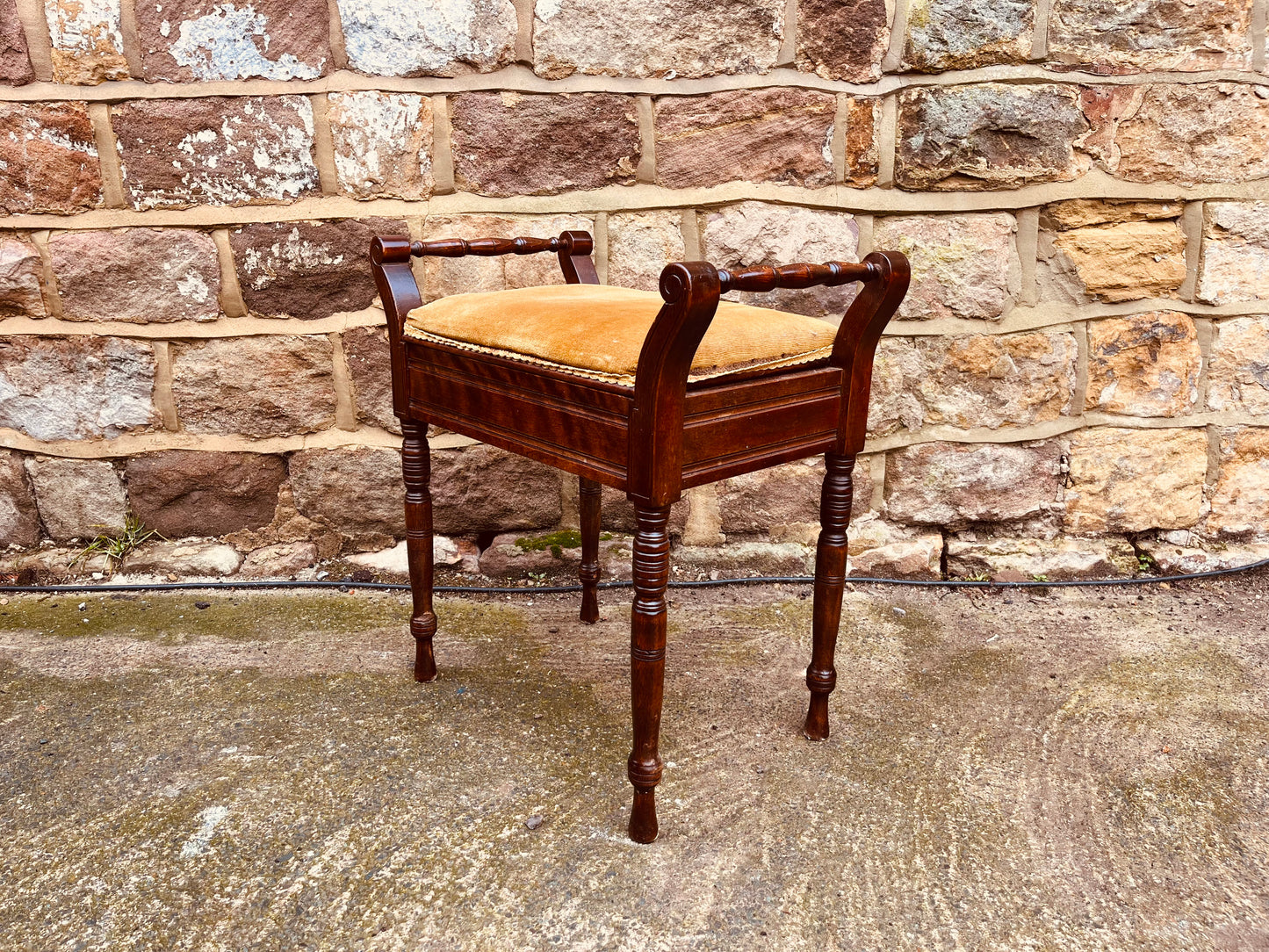 Antique-Style Mahogany Duet Stool with Upholstered Seat