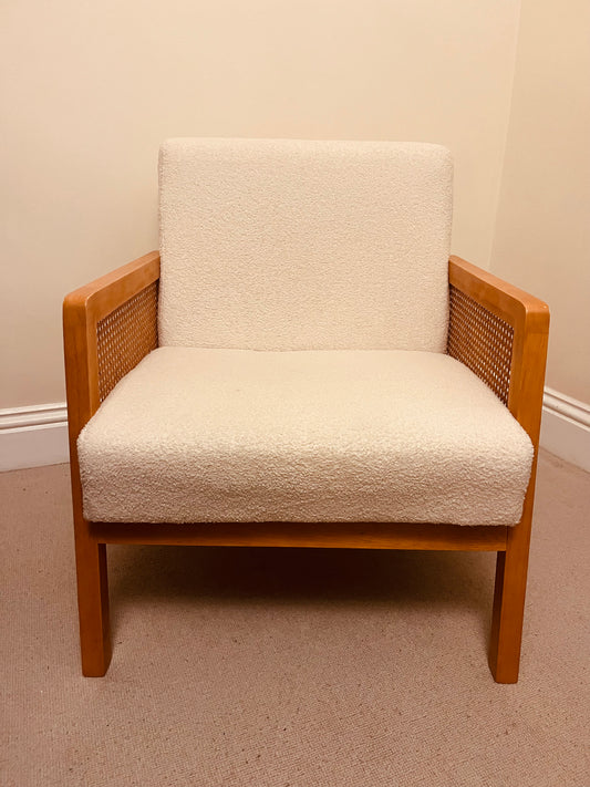 Mid-Century Cane Armchair in Cream Bouclé – Oak Frame Lounge Chair