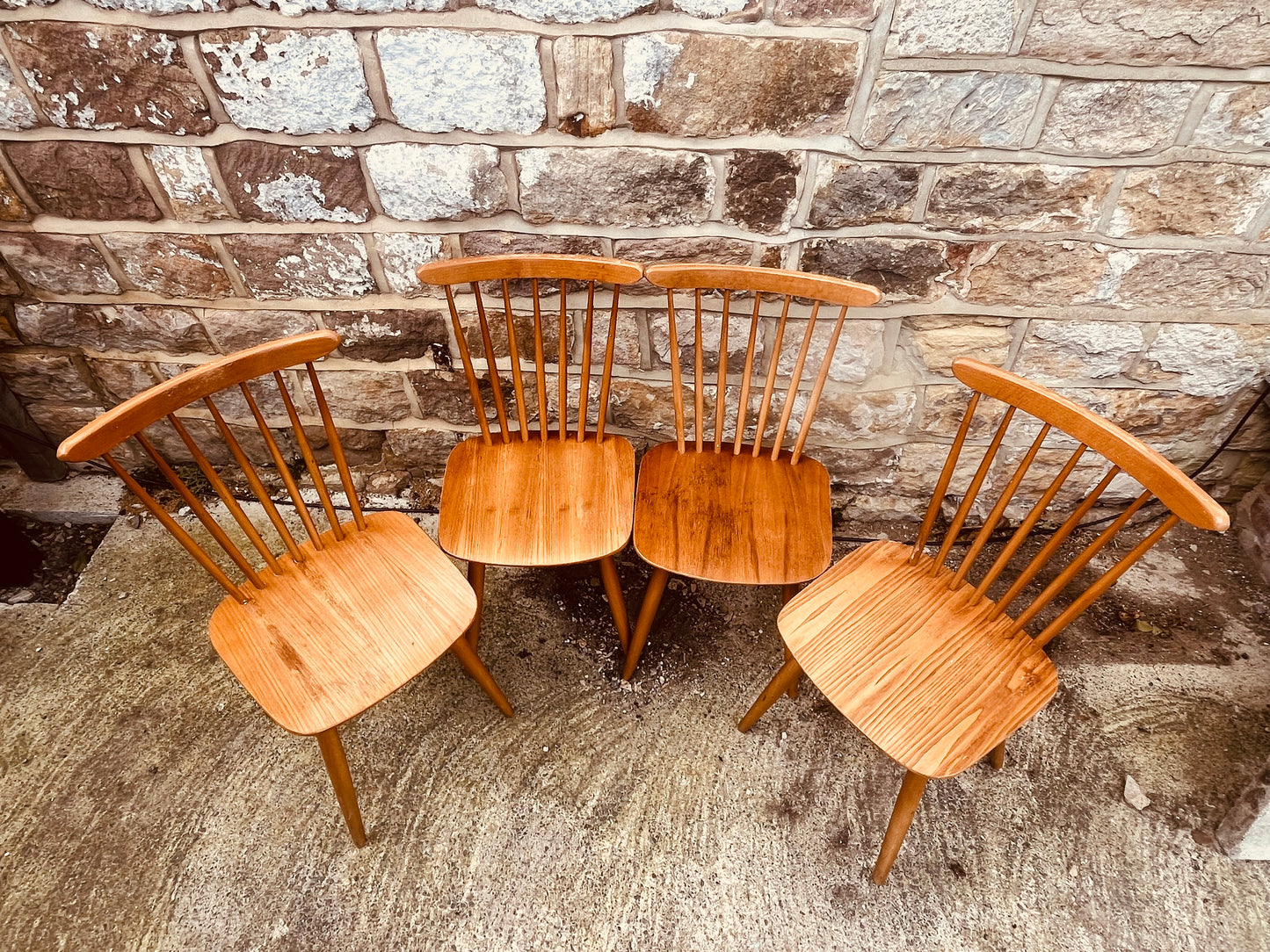 Set of 4 Vintage Spindle-Back Dining Chairs – Rustic Wooden Finish