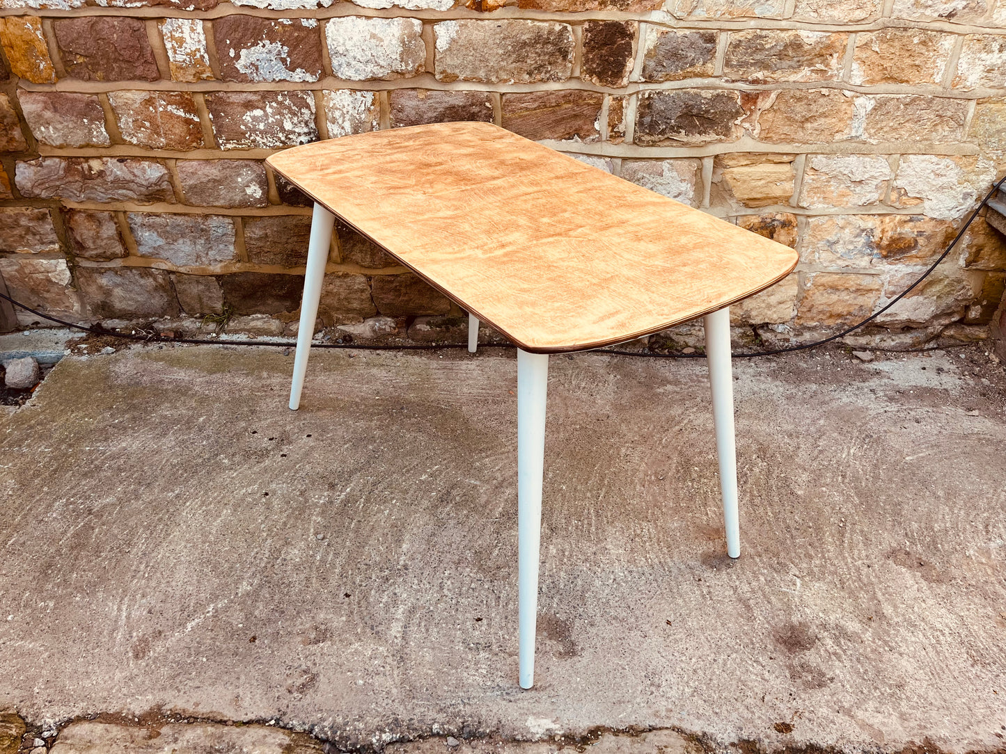 Mid-Century Style Dining Table with Veneered Top and Soft Neutral Legs