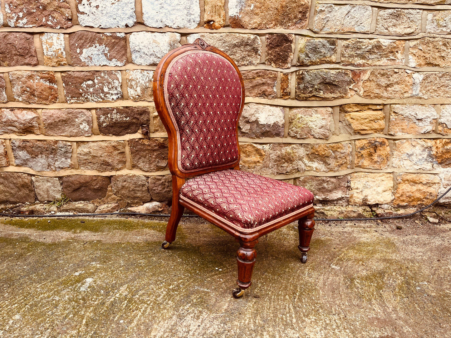 Antique Victorian Walnut Nursing Chair c.1880–1900 – Upholstered Balloon Back Slipper Chair with Castors