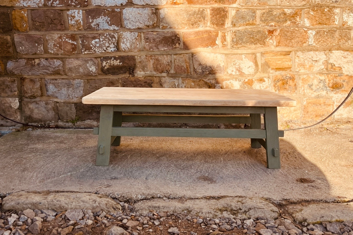 Handcrafted Solid Wood Farmhouse Coffee Table – Natural Top & Heritage Green Base