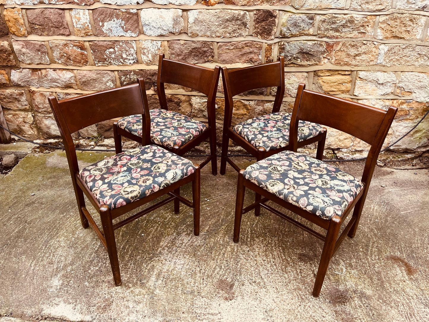 Set of Four Vintage Wooden Dining Chairs with Upholstered Seats