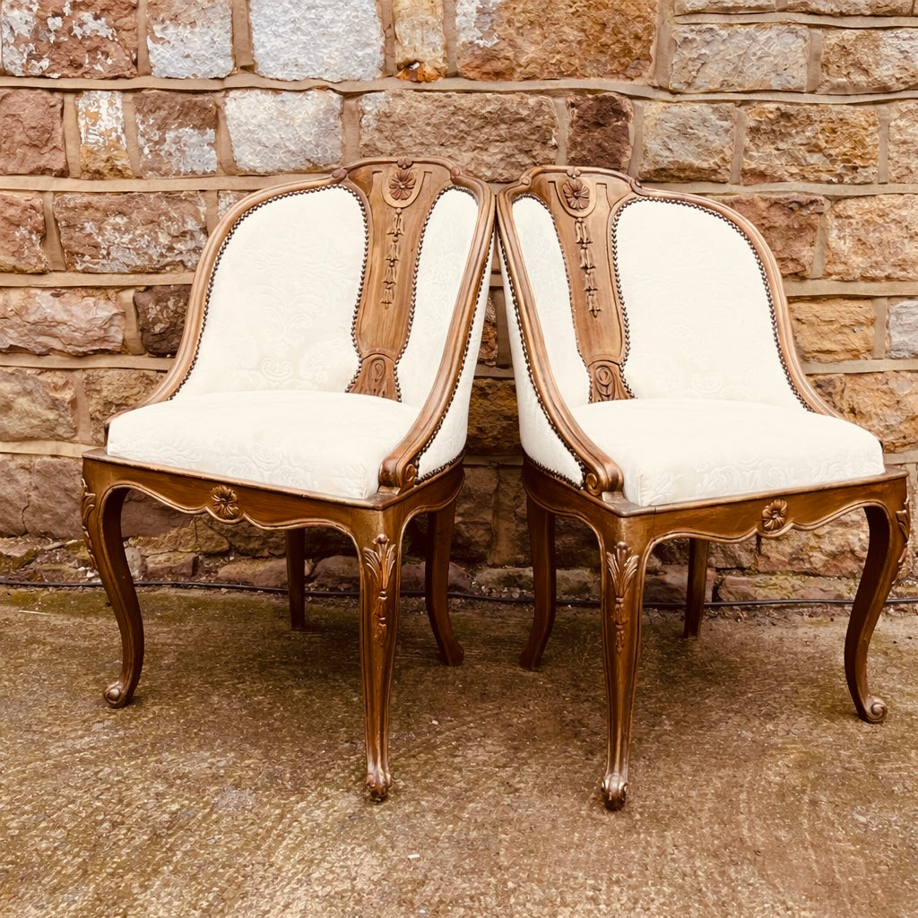Pair of French Style Upholstered Armchairs | Louis XV Revival | Carved Wood Salon Chairs