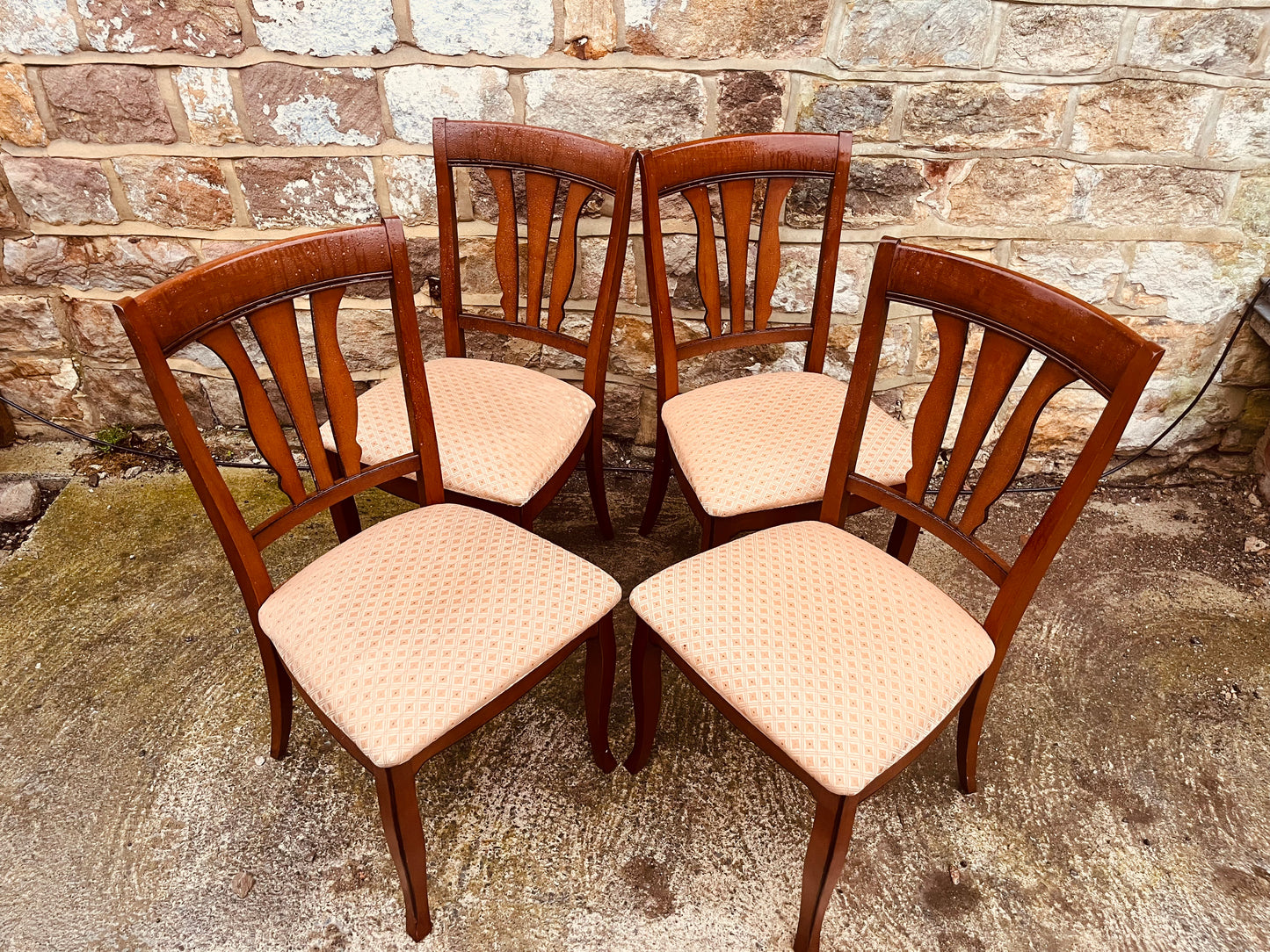 Set of 4 Vintage Dining Chairs – Upholstered Seats & Curved Back – Solid Wood Kitchen Chairs