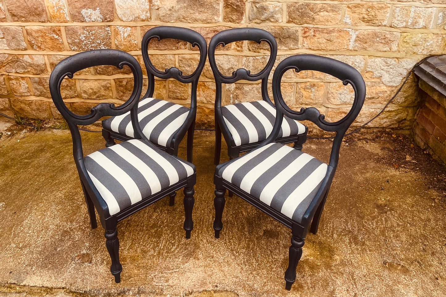 Vintage Balloon Back Dining Chairs (Set of 4) – Black & Monochrome Stripe