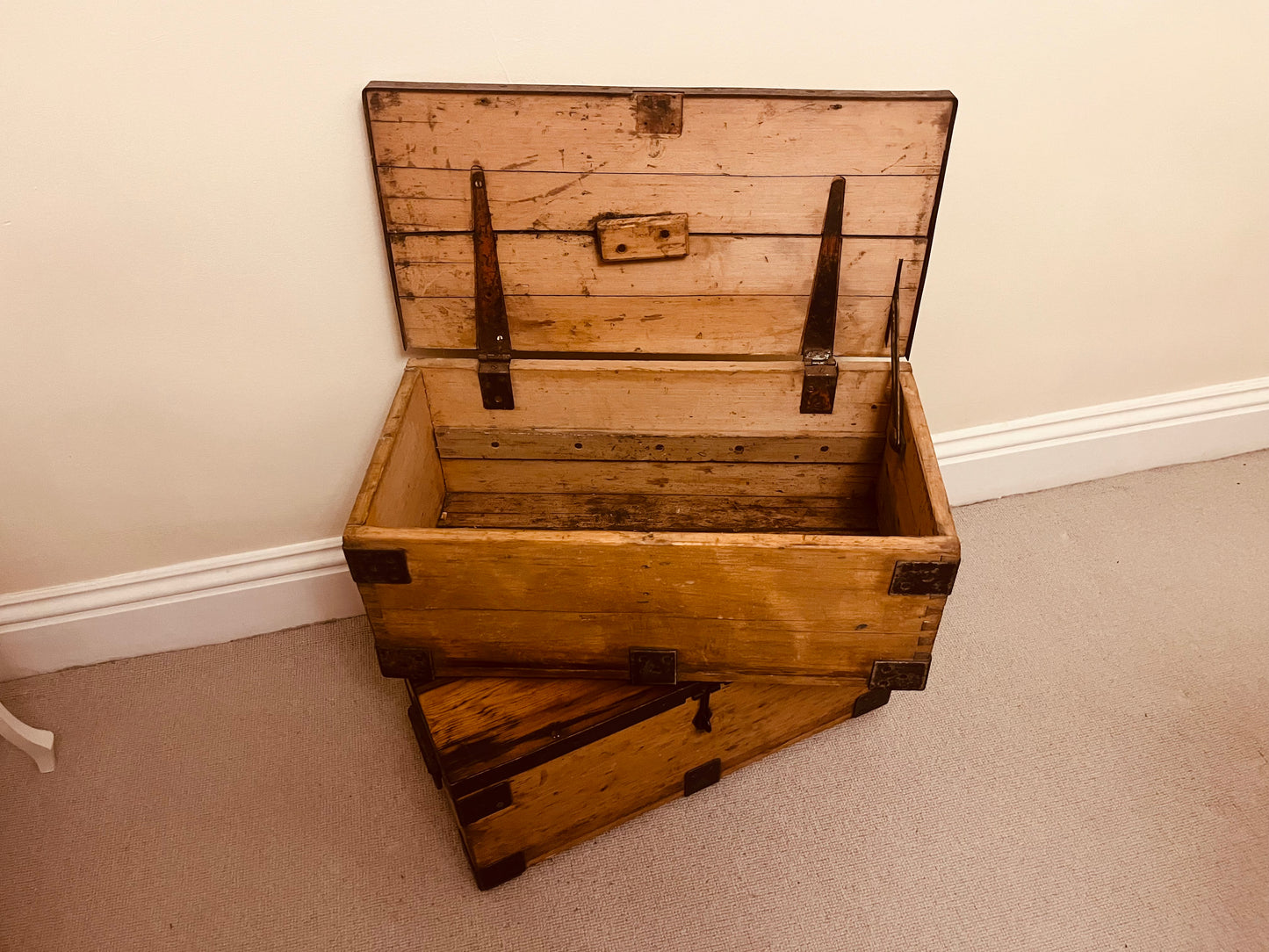 Pair of Vintage Wooden Storage Chests – Rustic Industrial Trunks with Iron Hardware and Dovetail Joints