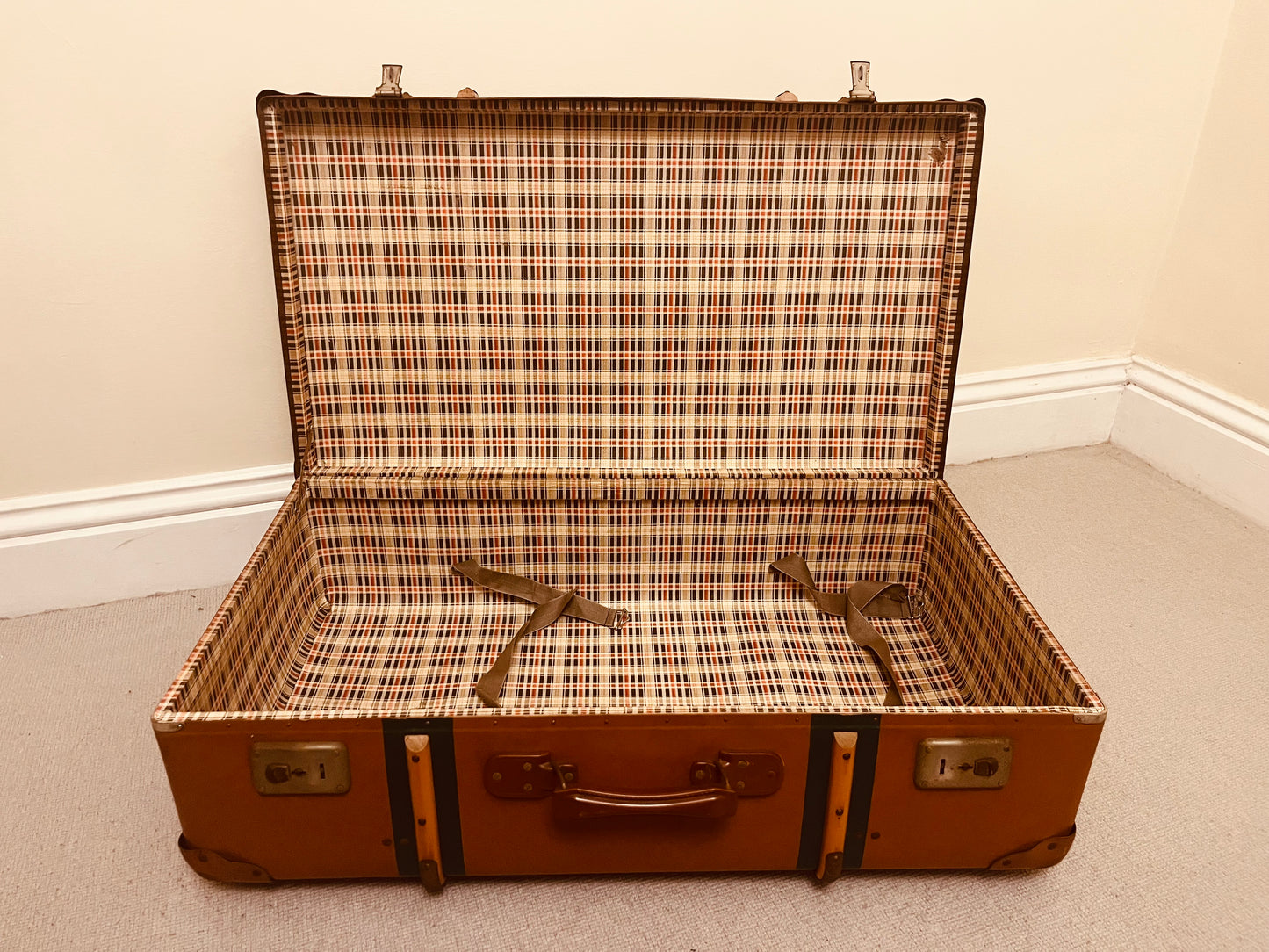 Pair of Vintage Travel Trunks – Tan Leather & Black Metal Storage Chests – Retro Luggage by The Proudlove Studio