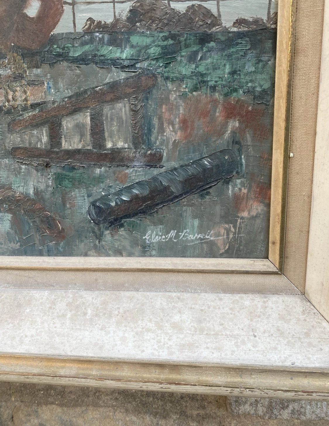 Exhibited 1967 British Maritime Oil Painting by Elsie M. Barrett – Dry Dock / Repairs, Bangor