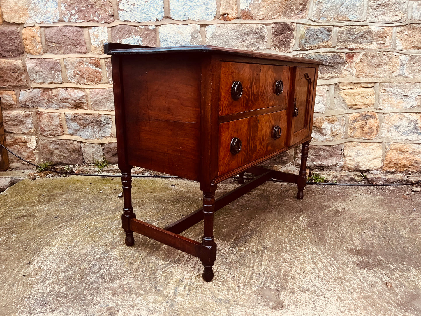 Vintage Mahogany Sideboard with Burr Veneer Drawers & Cupboard – Solid Wood Storage Cabinet