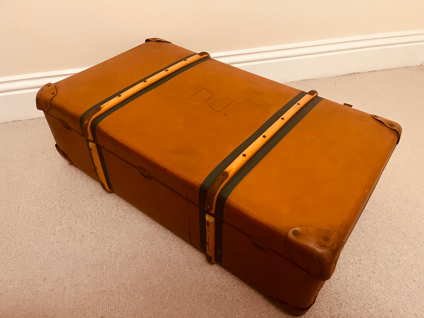 Pair of Vintage Travel Trunks – Tan Leather & Black Metal Storage Chests – Retro Luggage by The Proudlove Studio