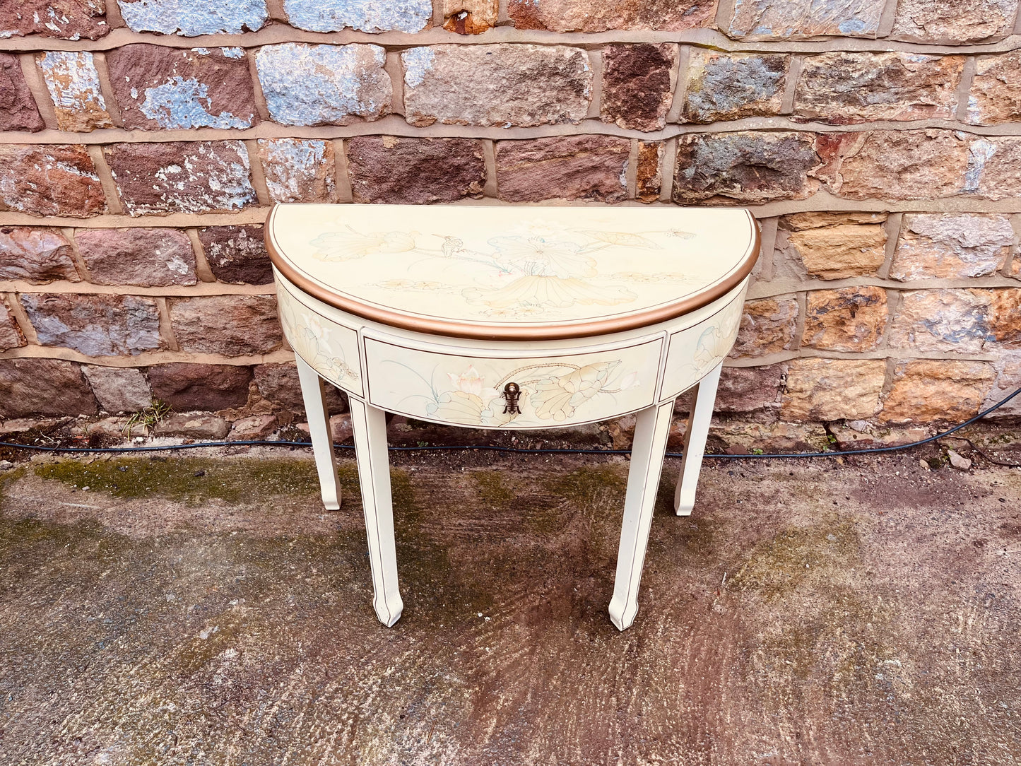 Chinese Lacquer Demi Lune Console Table – Hand Painted Cream Oriental Hall Table