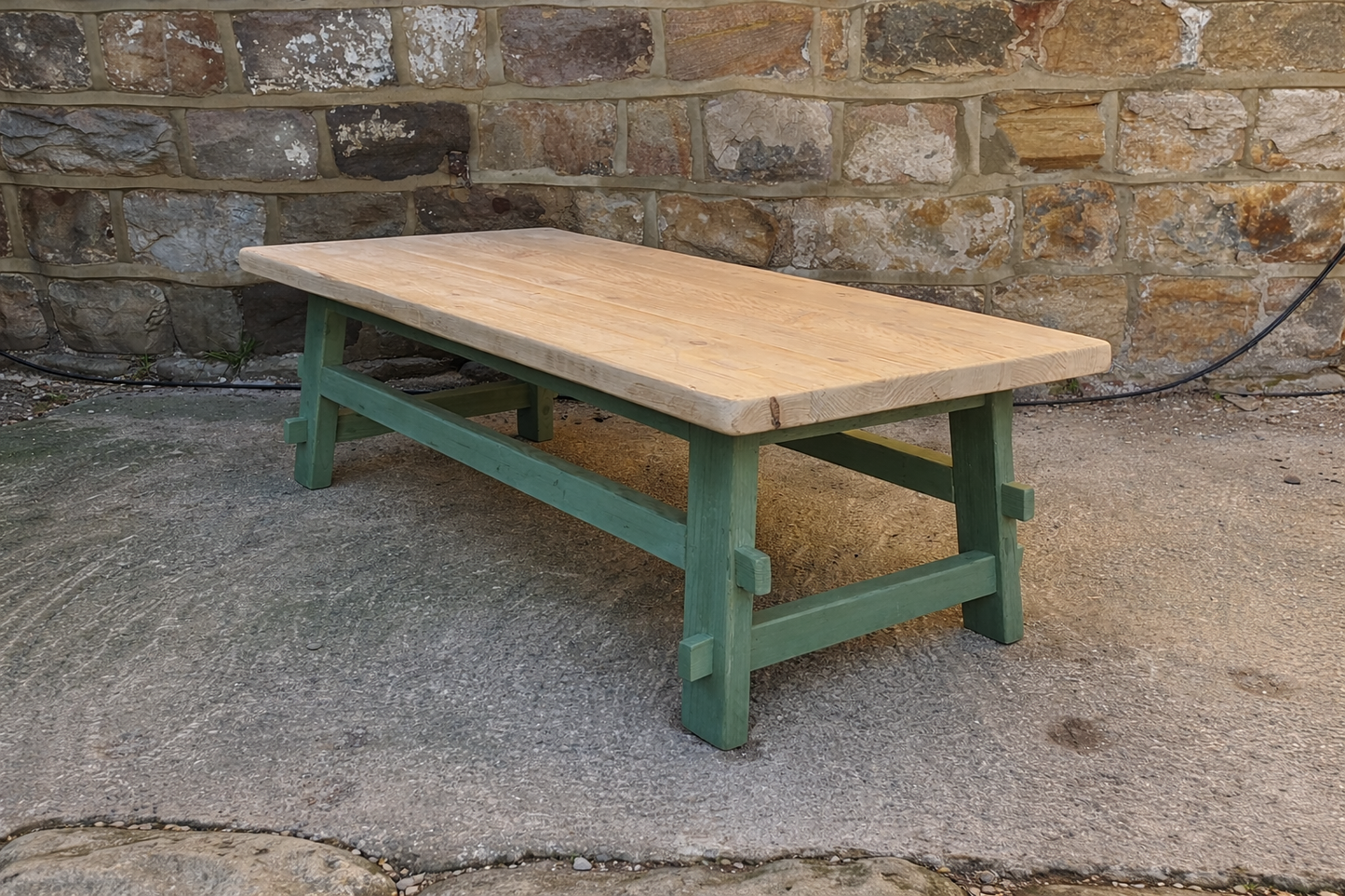 Handcrafted Solid Wood Farmhouse Coffee Table – Natural Top & Heritage Green Base
