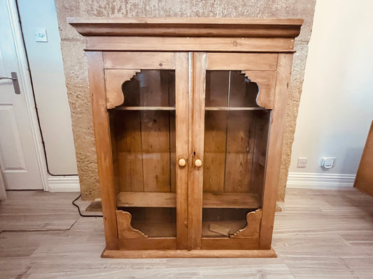 Antique Rustic Pine Glazed Cabinet – Glass Front Farmhouse Cupboard (c.1900–1915)