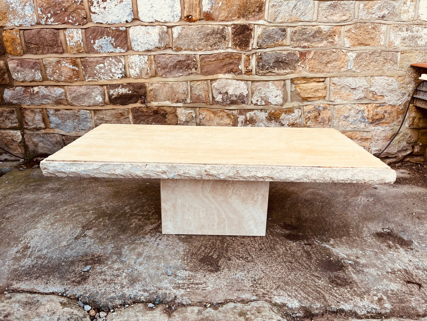 Raw Edge Travertine Stone Coffee Table – Solid Slab Minimalist Brutalist Design