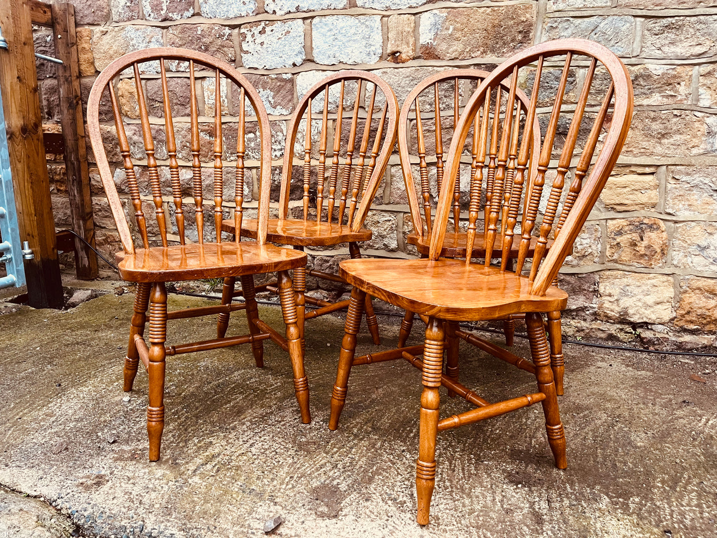 Set of 4 Vintage Spindle Back Farmhouse Dining Chairs – Rustic Wooden Kitchen Seating