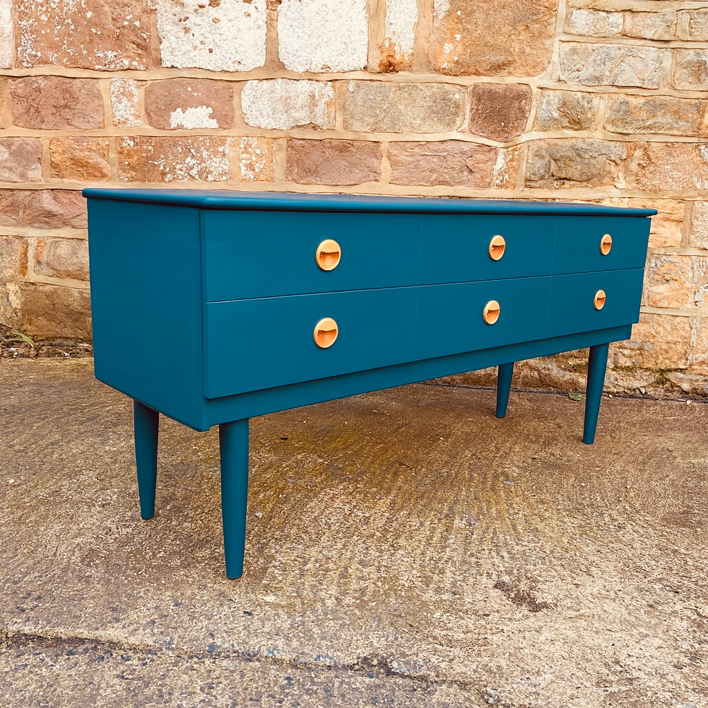 Restored Mid-Century Blue Sideboard – 6 Drawer Dresser
