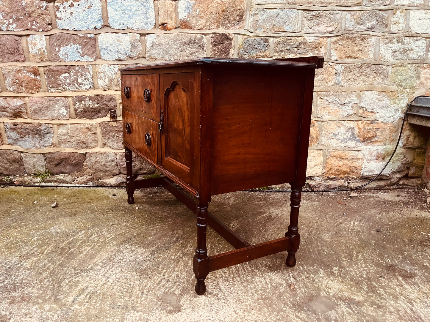 Vintage Mahogany Sideboard with Burr Veneer Drawers & Cupboard – Solid Wood Storage Cabinet