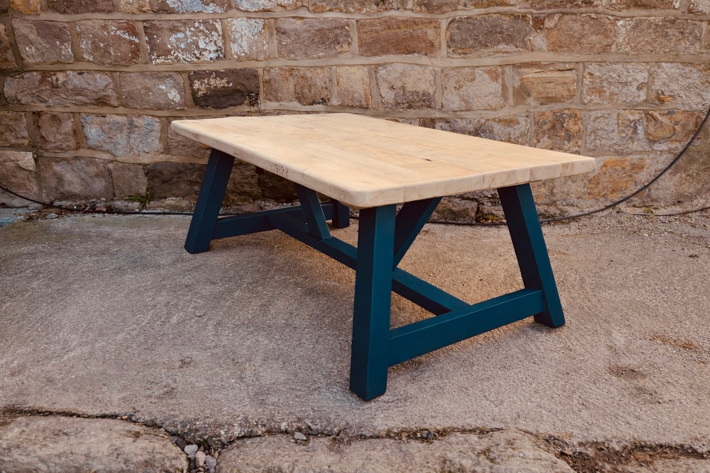 Handcrafted Solid Wood Farmhouse Coffee Table – Natural Top & Navy Blue Base