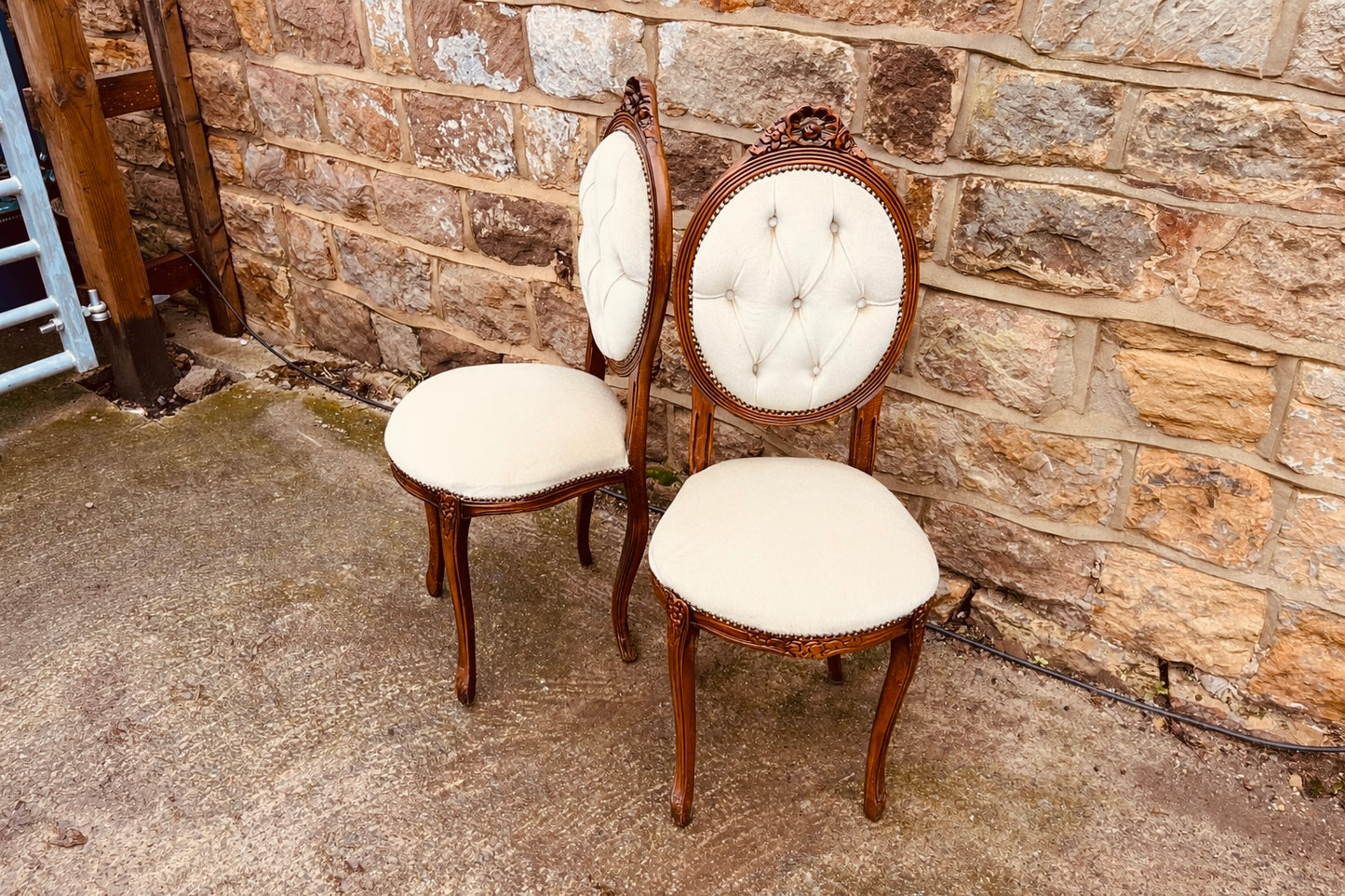 Pair of Louis XVI Style Oval Back Chairs | Carved Wood & Button Tufted Upholstery | Vintage French Style Seating