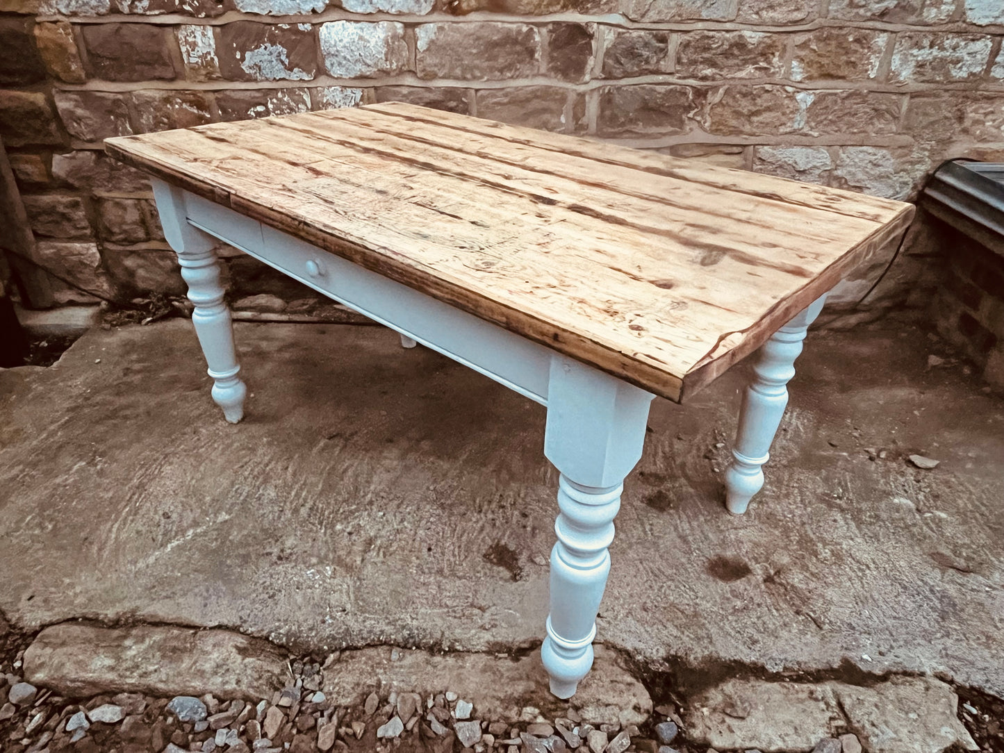 Vintage Farmhouse Dining Table – Rustic Reclaimed Top, White Painted Legs