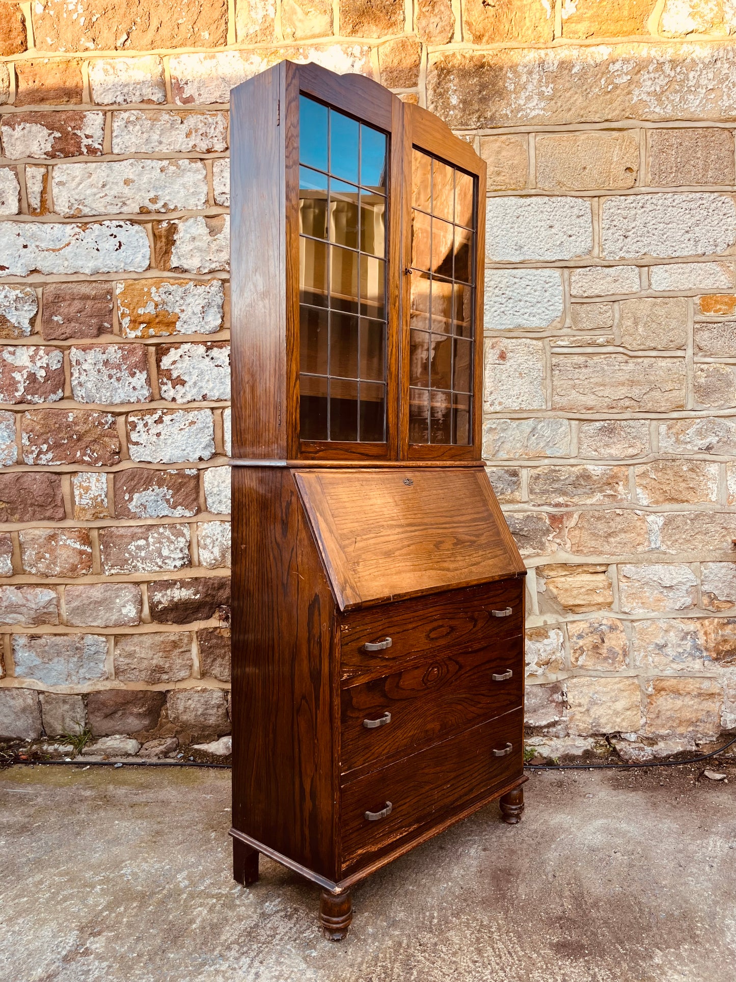 Vintage Bureau Bookcase with Glazed Cabinet – Rustic Cottage Writing Desk