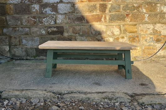 Handcrafted Solid Wood Farmhouse Coffee Table – Natural Top & Heritage Green Base