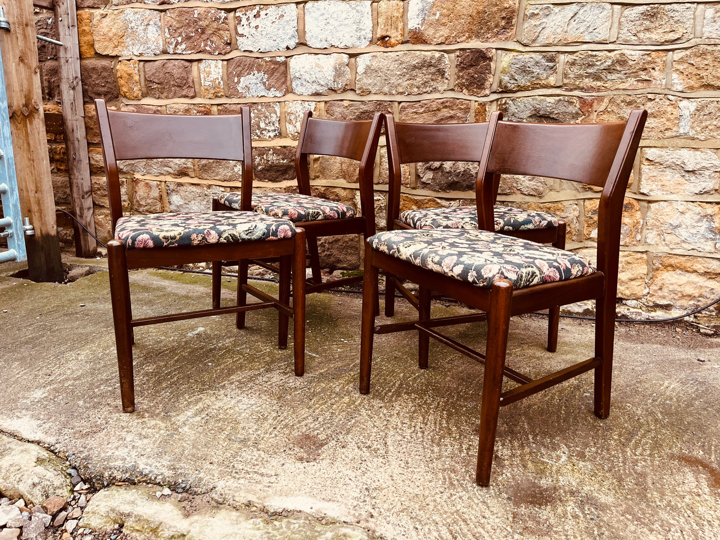 Set of Four Vintage Wooden Dining Chairs with Upholstered Seats