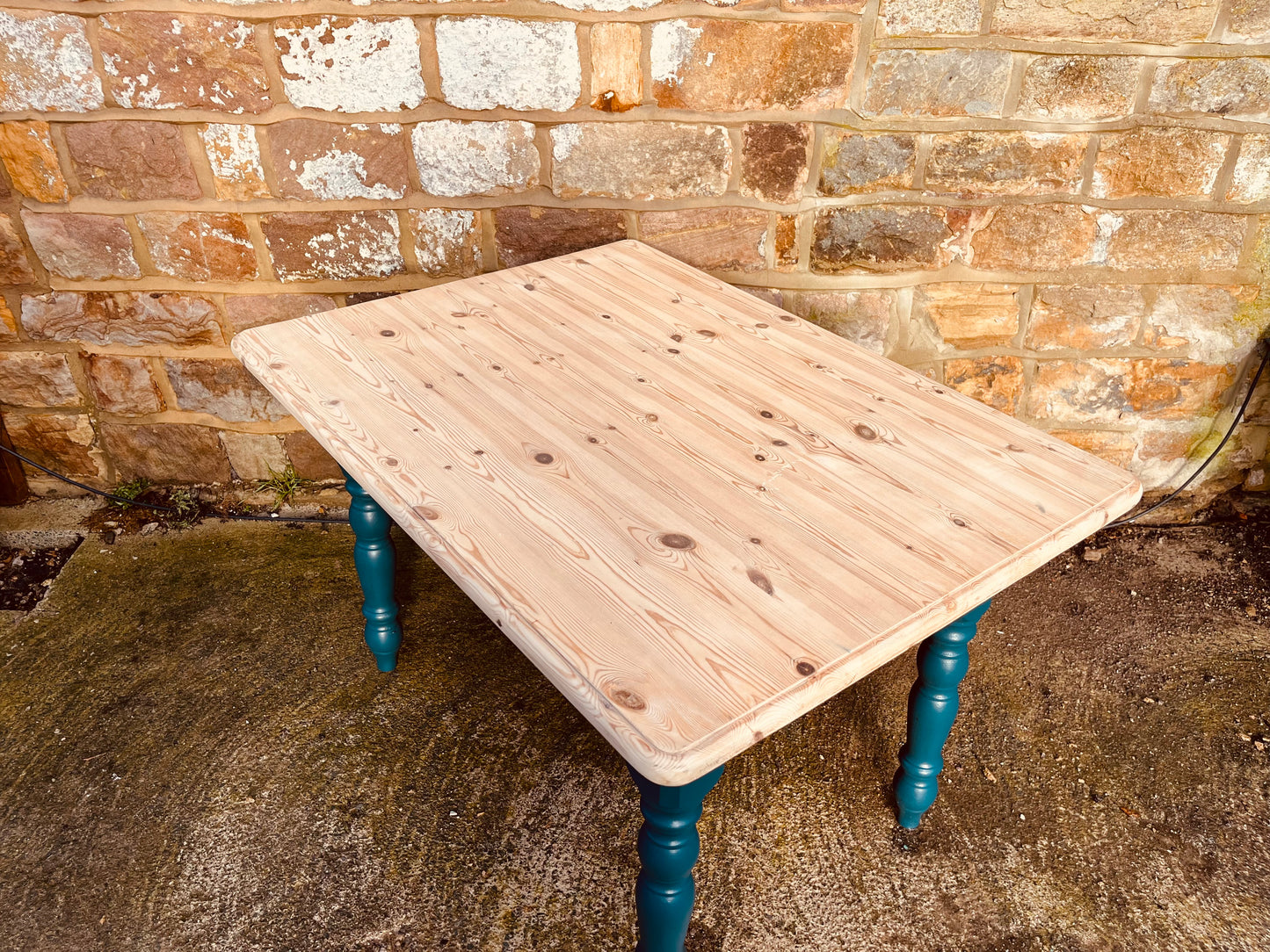 Vintage Pine Table – Refinished Top & Teal Turned Legs
