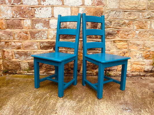 Handmade Teal Painted Wooden Chairs (Pair) – Rustic Farmhouse Ladder Back Seating