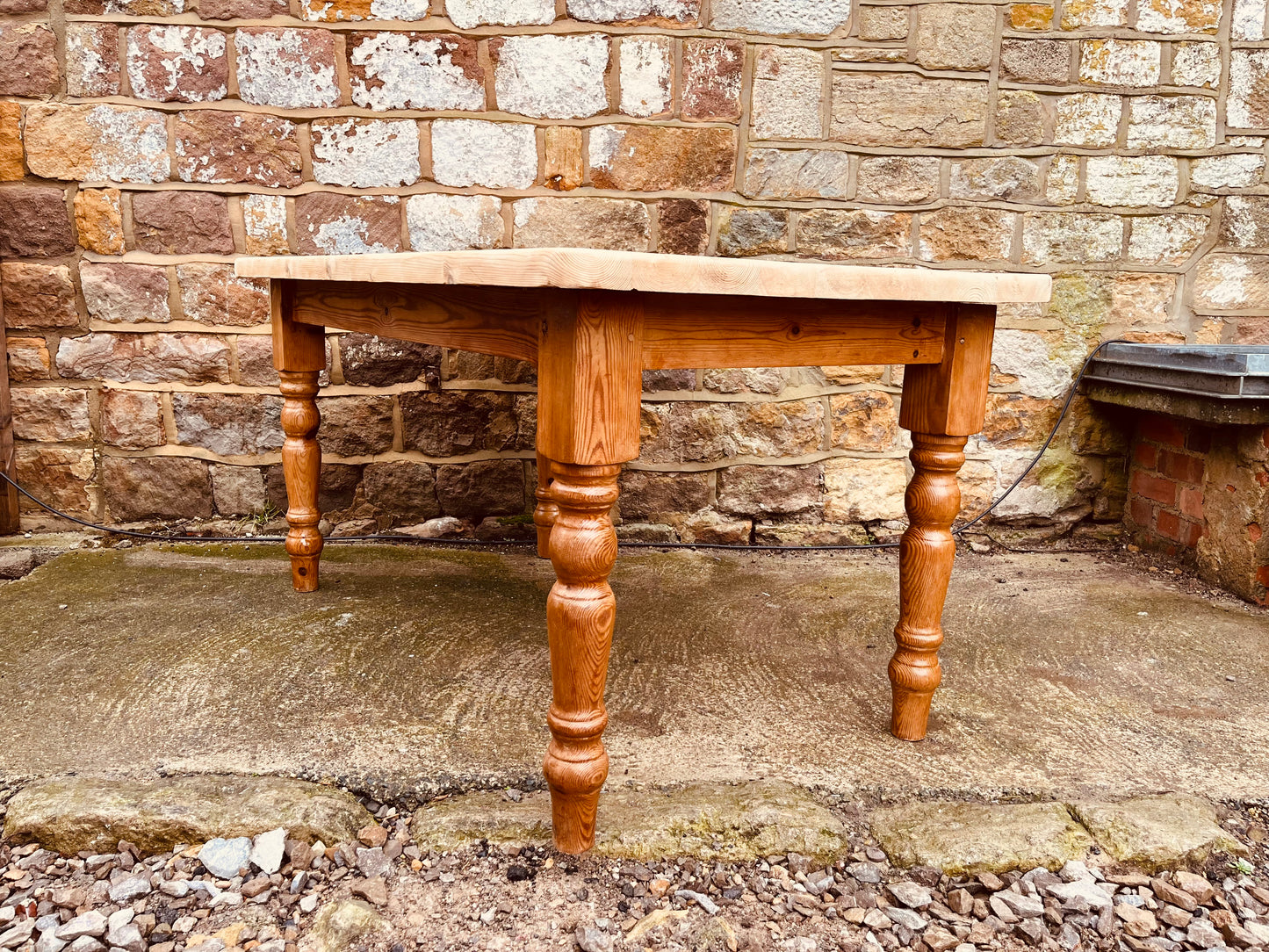 Rustic Solid Pine Farmhouse Dining Table with Natural Sanded Top and Turned Legs