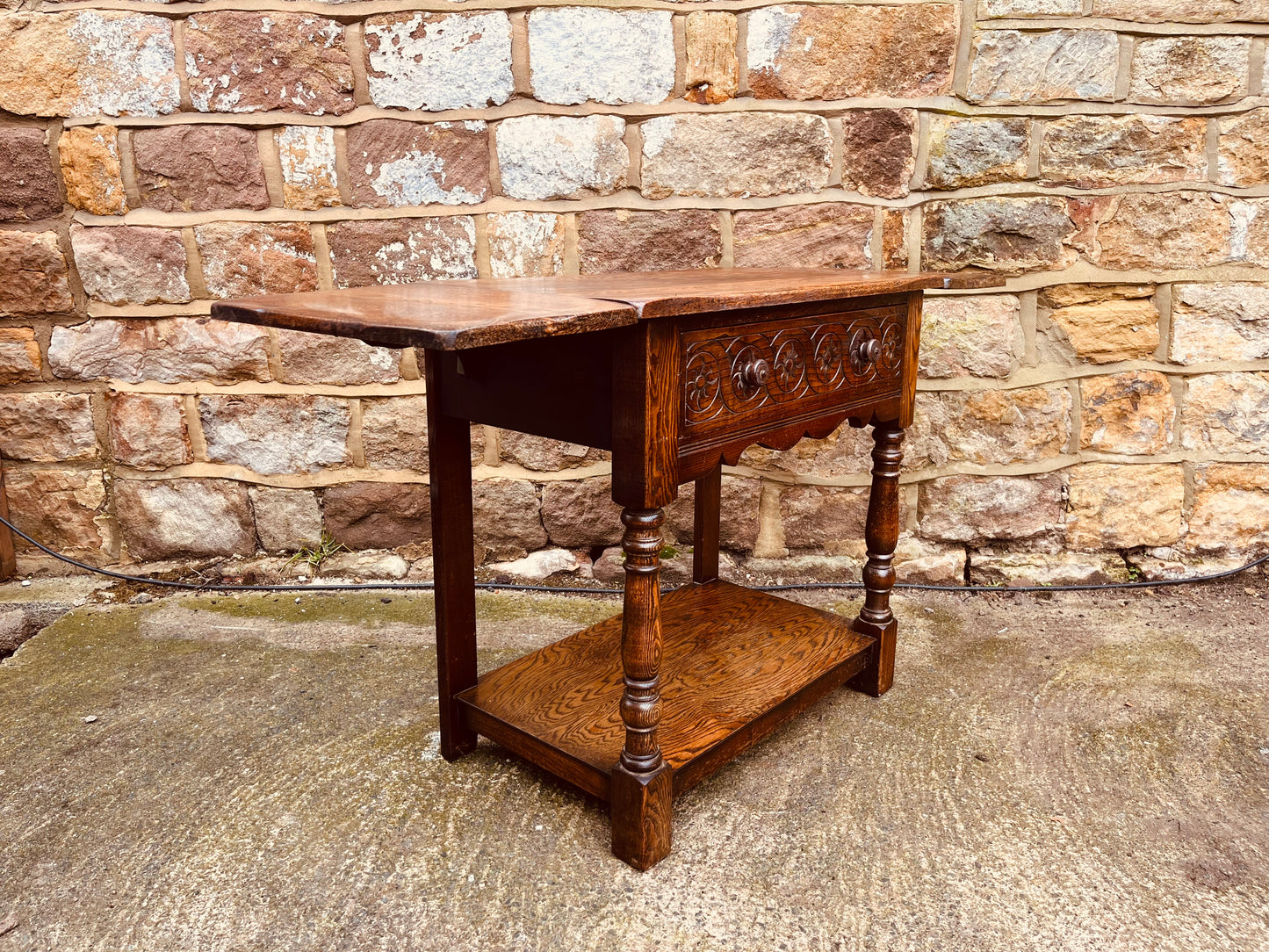 Vintage Solid Oak Drop-Leaf Side Table with Carved Detail & Lower Shelf