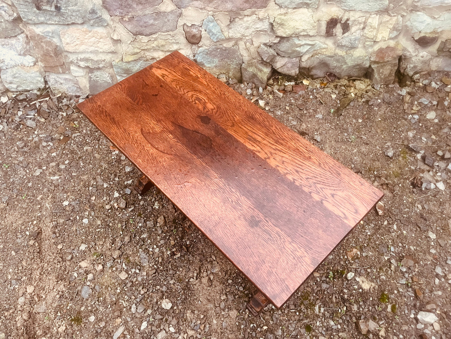 Vintage Solid Oak Trestle Table – Rustic Farmhouse Console