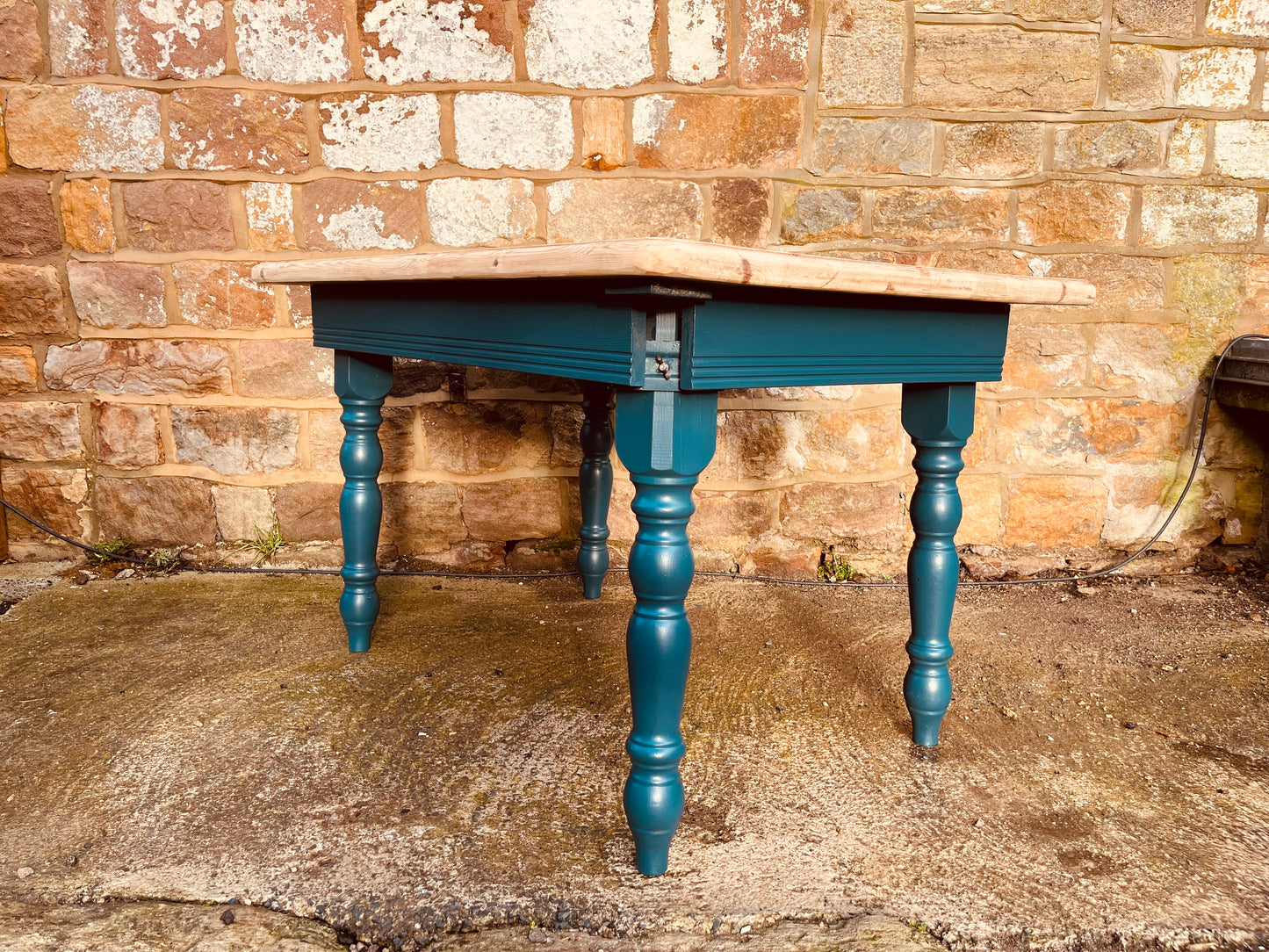 Vintage Pine Table – Refinished Top & Teal Turned Legs